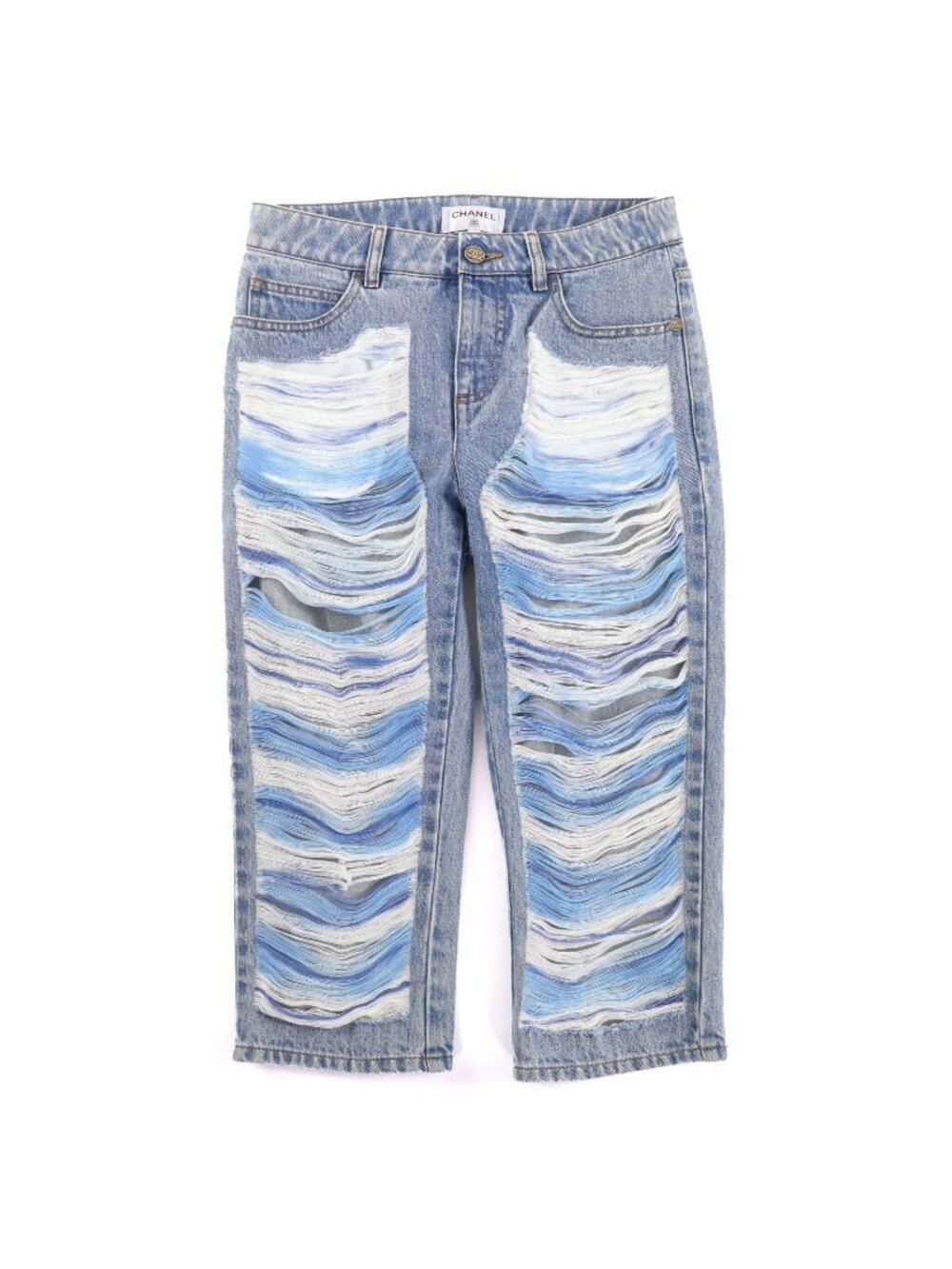 Chanel Cotton CC Logo Button Distressed Tulle Cropped Denim Pants Indigo Blue 36